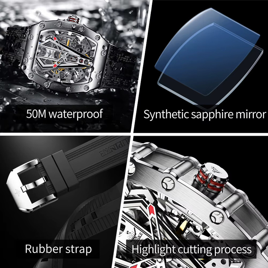 OUPINKE Armbanduhr Automatik, Tonneau, Silikonarmband, Schwarz, Herren - Bild 3