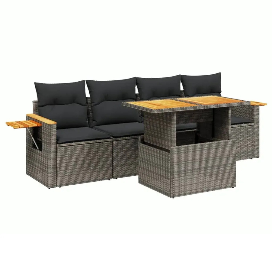 vidaXL 5-teilige Garten-Sofagarnitur aus Polyrattan in Grau mit Kissen und Tisch - Bild 2