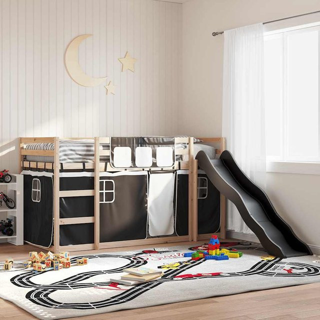 vidaXL Etagenbett aus Massivholz mit Rutsche und Vorhängen in Weiß, Schwarz und Anthrazit B/T/H: 80 x 200 x 113 cm - Bild 3