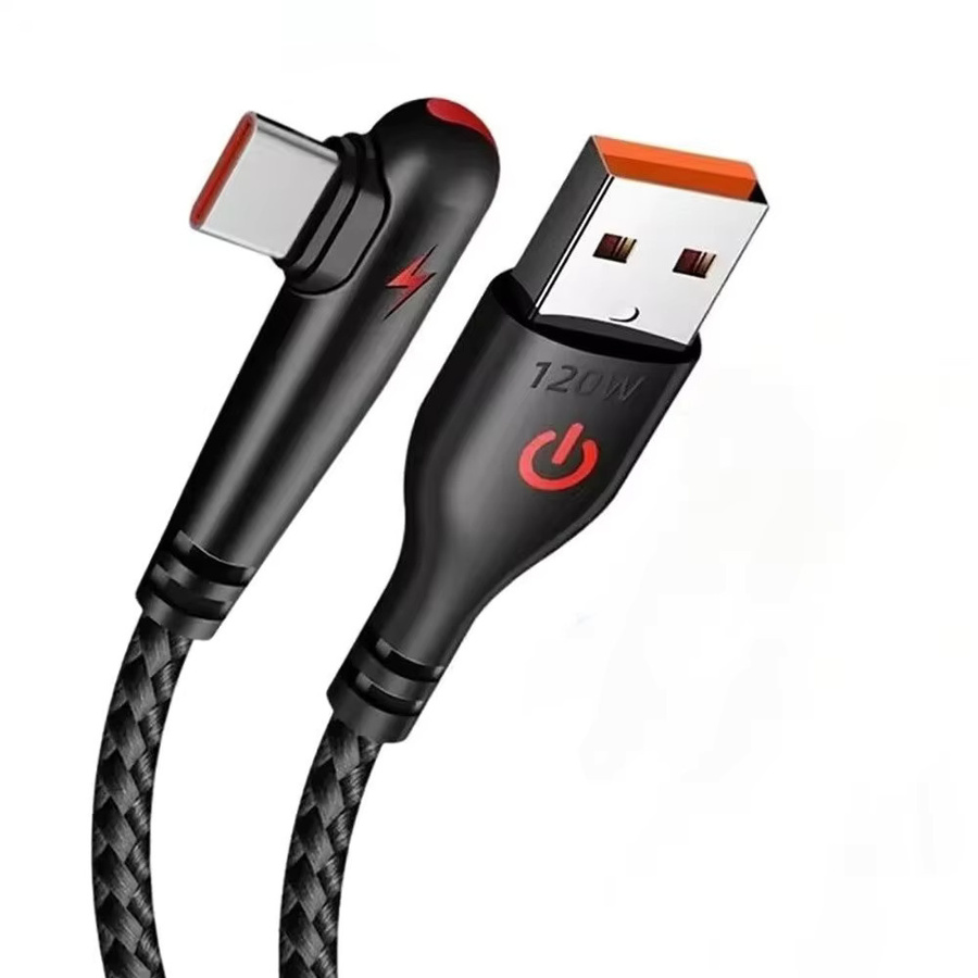 120 W USB-A zu Typ-C Datenkabel mit PD-Schnellladefunktion und Ellenbogen-Stecker, geflochtenes Ladekabel für iPhone, Samsung, Huawei und Xiaomi, Farben: Blau und Schwarz - Bild 6