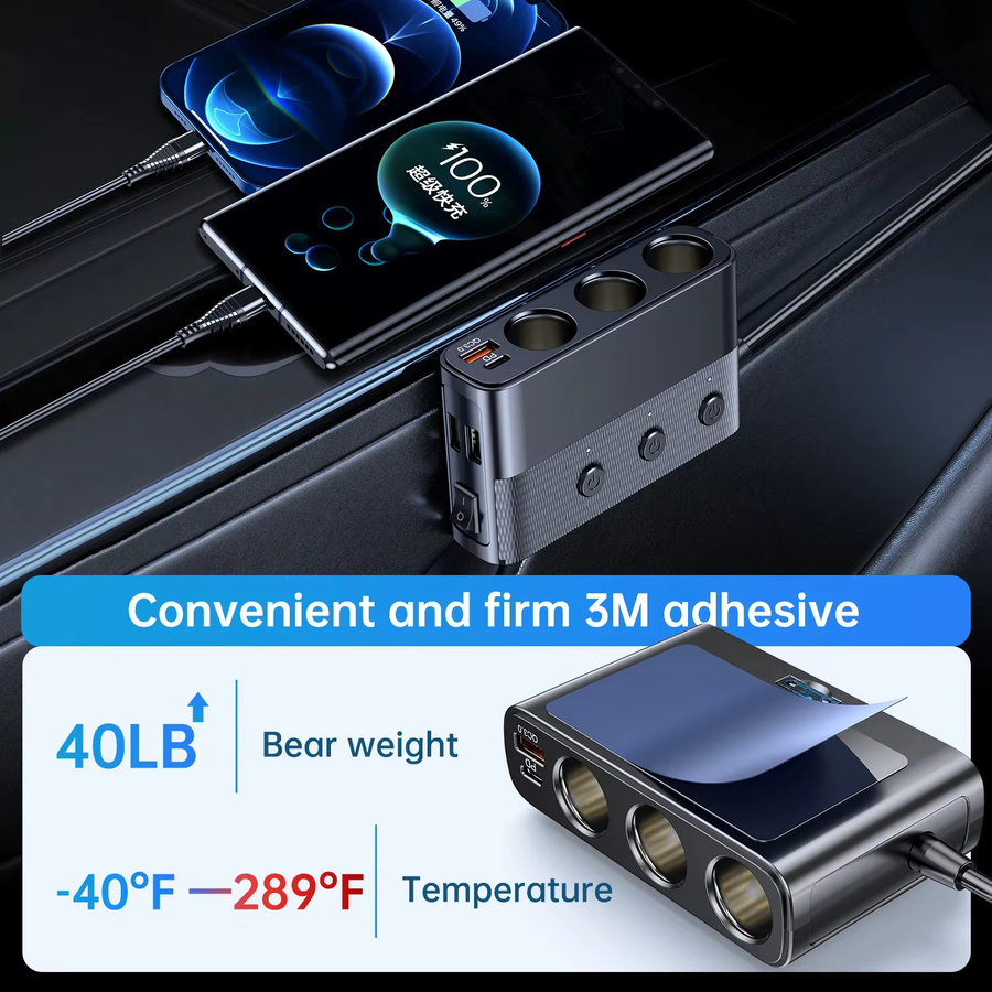 PHONEPACE 7-in-1 Autoladegerät-Splitter mit 127 W, PD30W und QC3.0, Zigarettenanzünder-Adapter mit Schalter, Schwarz - Bild 5