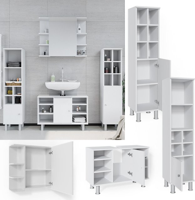 Vicco Badmöbel Set Fynn 4-teilig in Weiß mit Spiegelschrank, Waschbeckenunterschrank und Hochschrank - Bild 1