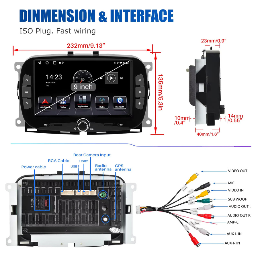 ESSGOO Android 14 Auto Stereo für FIAT 500 (2016-2019) mit 7 Zoll Display, 64GB, Wireless CarPlay, Android Auto, GPS, Bluetooth, WiFi und Rückfahrkamera-Unterstützung, Schwarz - Bild 5