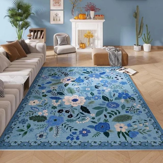 JGJG Wohnzimmerteppich mit Blumenmuster in Rosa und Blau, Waschbarer Böhmischer Bereichsteppich, Rutschfest, B/T: 60 x 40 cm - Bild 1