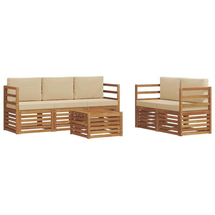 vidaXL 6-teilige Sofagarnitur aus Massivholz Akazie in Natur und Beige mit Tisch und Polstern - Bild 2