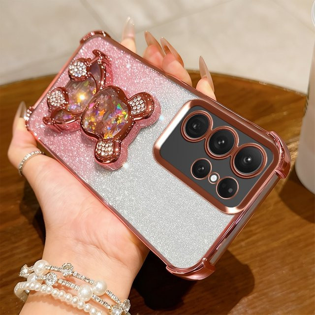 Stoßfeste Samsung Galaxy Handyhülle mit Glitzer Bär Design und Ständer für Galaxy S25 Ultra, S24 FE, S23 Plus, S22 und S21 in Silber/Multicolour - Bild 1