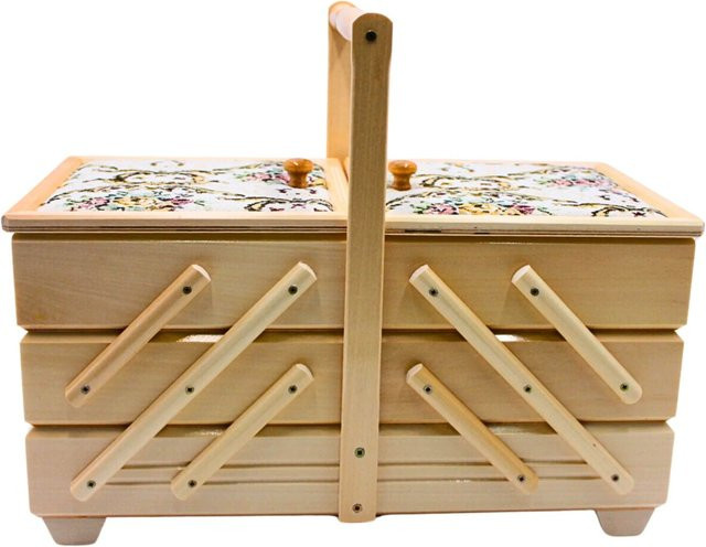 Dekohelden24 Nähkästchen aus Furnierholz mit 7 Fächern und Stoffbezug Rosenmotiv in Natur, B: 42 cm, T: 20 cm, H: 21 cm - Bild 1
