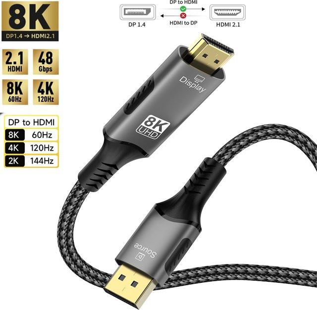FDBOY DisplayPort auf HDMI 2.1 Kabel in Schwarz, 8K@60Hz und 4K@120Hz mit HDR Unterstützung, DP 1.4 zu HDMI 2.1 Konverter für Laptop und Konsole - Bild 1