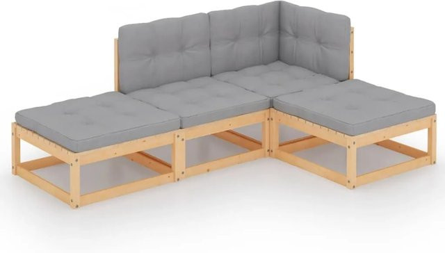 vidaXL 4-tlg Garten-Lounge-Set aus massivem Kiefernholz in L-Form mit grauen Kissen - Bild 1