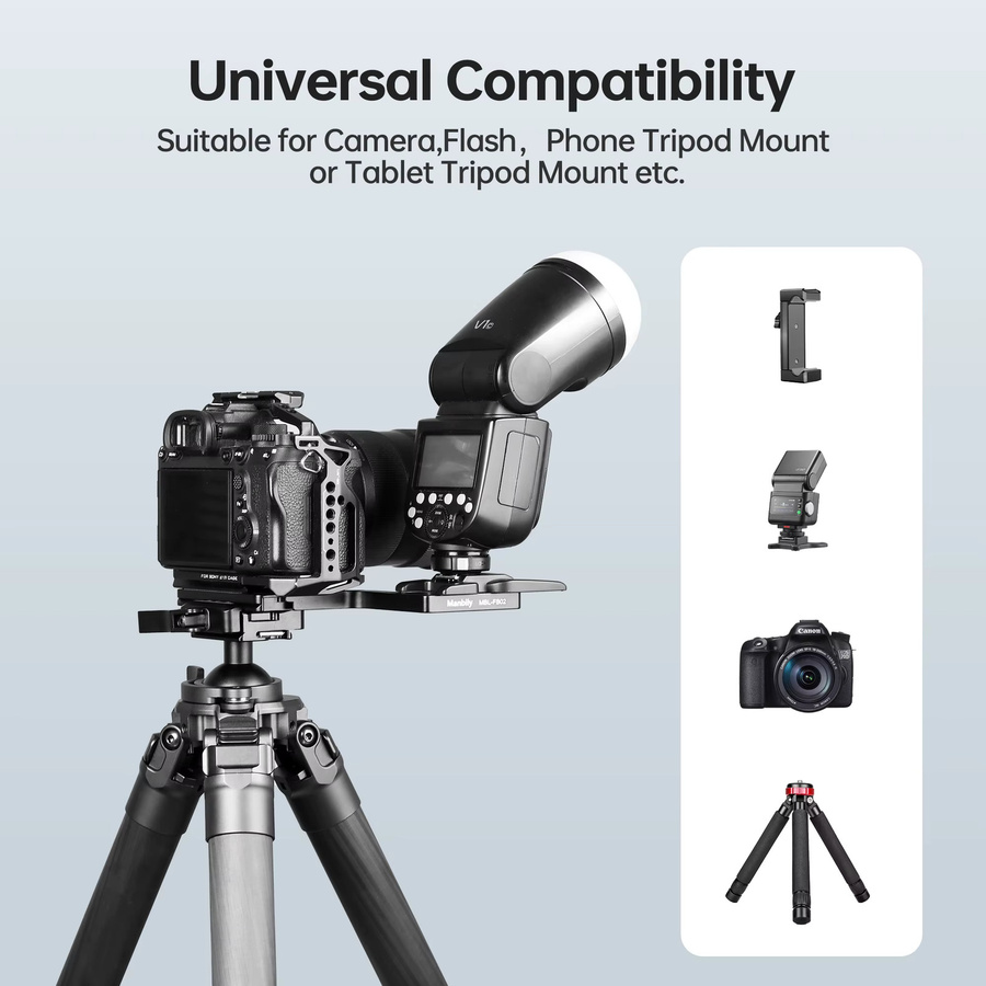 Manbily MBL-FB02 Blitzhalterung in Schwarz mit Arca- und 1/4-Zoll-Schraubanschluss sowie Schnellwechselplatte für Canon, Nikon und Fujifilm XT4 Kameras - Bild 4
