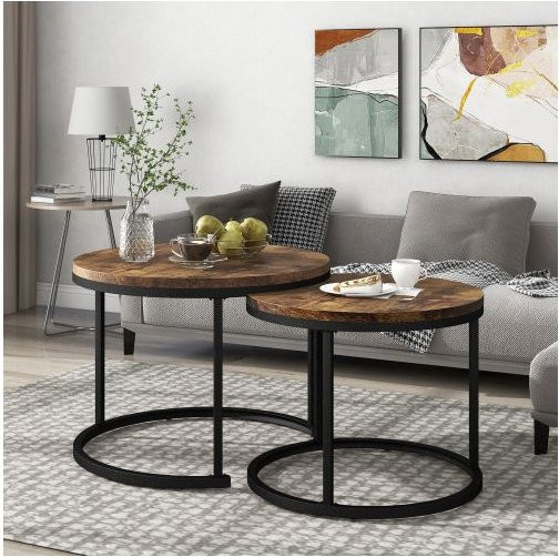 Runder Couchtisch 2er-Set MUVOE in Braun mit modernem Design aus MDF und Metall - Bild 1