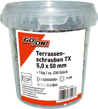 GO/ON! Terrassenschrauben silberfarben, Durchmesser: 5 mm, Länge: 50 mm, 1 kg Eimer - Bild 1