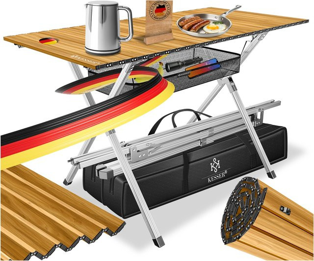 KESSER Campingtisch faltbar mit Aluminiumrahmen und aufrollbarer Tischplatte in Holz-Optik inklusive Tragetasche - Bild 1
