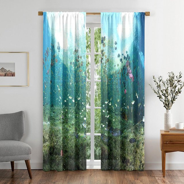 Yiran Furniture Vorhänge mit Hirsch und Pflanzen Motiv, Bunt Grün, Semi-transparent, Polyester, 2er-Set, B: 50 cm, H: 130 cm - Bild 1