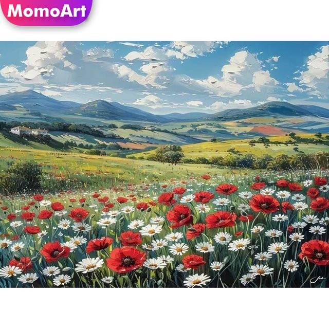 Momoart 5D DIY Diamantmalerei Mohnblume und Gänseblümchen Bastelset mit runden Diamanten in Multicolour zur Wanddekoration - Bild 1