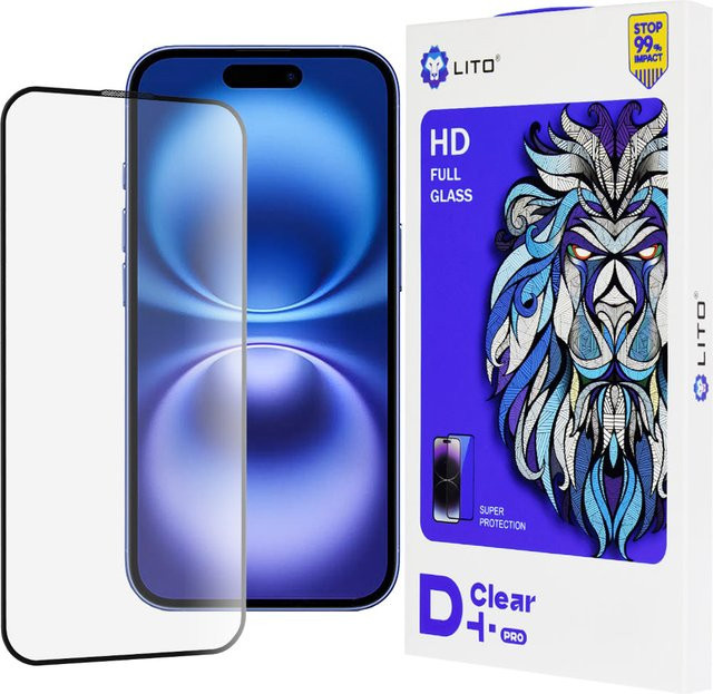 Lito D+ Pro Displayschutzfolie aus gehärtetem Glas für Apple iPhone 16, Schwarz - Bild 1