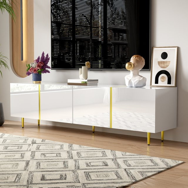 Svintora Moderner TV-Schrank in Weiß mit Goldakzenten und Hochglanz-Finish für dein Wohnzimmer - Bild 1