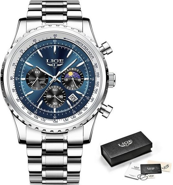LIGE Armbanduhr Quarz, Chronograph, Edelstahl, 46 mm, Herren, blau/silber - Bild 1