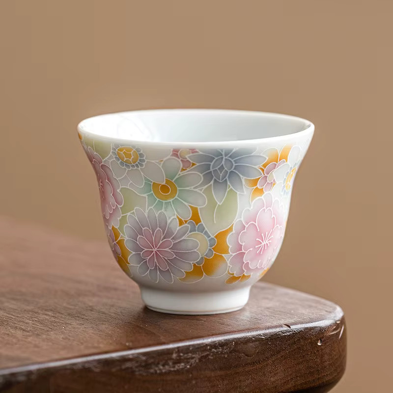 Antike Keramiktasse in Kürbisform mit floralem Blumenmuster, mehrfarbig - Bild 3