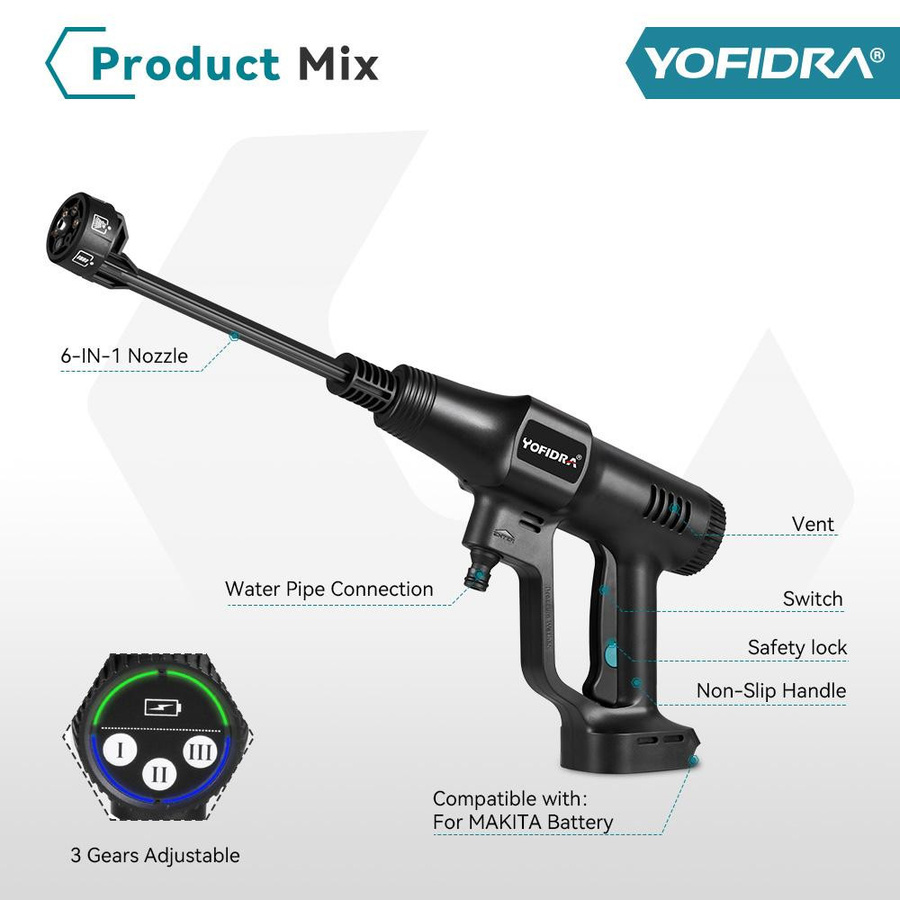 YOFIDRA 6in1 Bürstenloser Hochdruckreiniger mit 200 Bar und Akku für Makita 21V 18V Pin - Bild 9
