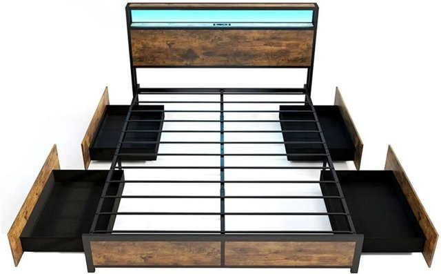 Costway Bett im Industriedesign mit LED-Beleuchtung, USB-Ladestation und Schubladen in Braun und Schwarz, B/T/H: 160 x 200 x 165 cm - Bild 1