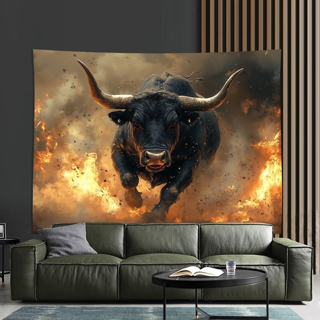 VIKAMA Wandtapisserie Wild Bull Flame Mane Moderne Textil-Wanddekoration Multicolour B: 75 cm, H: 58 cm - Bild 1