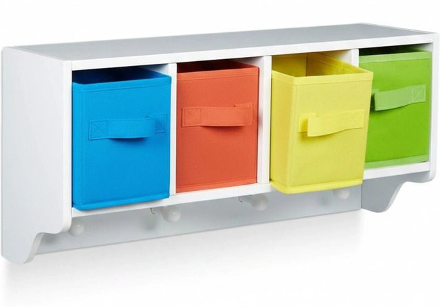 Relaxdays Kinder Wandregal aus MDF in Weiß mit 4 Boxen und Kleiderhaken, B/T/H: 61 x 16 x 28 cm - Bild 1