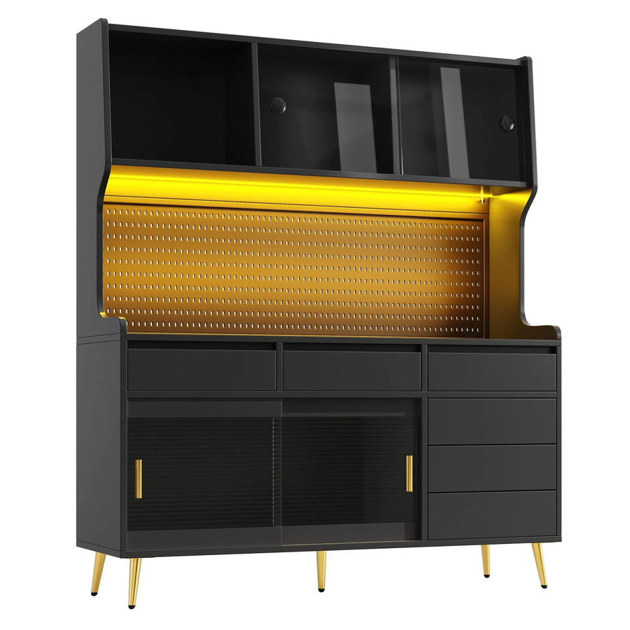 Merax Hochschrank in Schwarz mit LED-Beleuchtung und App-Steuerung, Industrial Design mit Glastüren und Lochwand, B/T/H: 145 x 39 x 171 cm - Bild 2