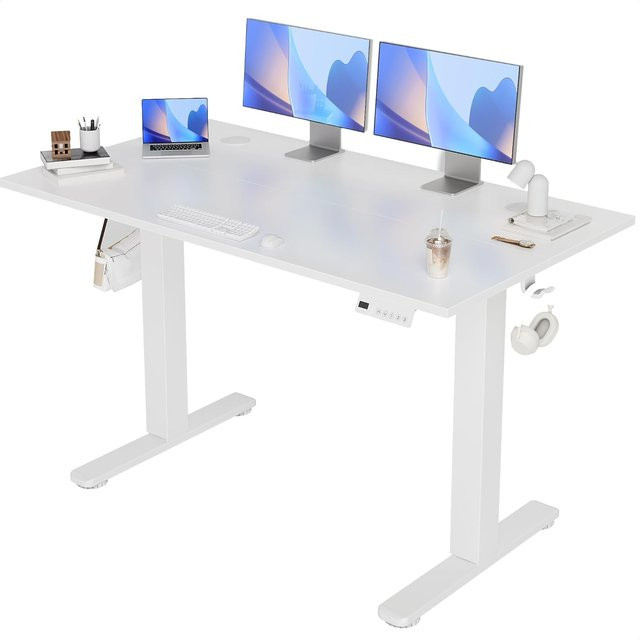 Claiks Elektrischer Höhenverstellbarer Schreibtisch mit Memory-Funktion und 2 Haken, Weiß, B: 120 cm - Bild 1