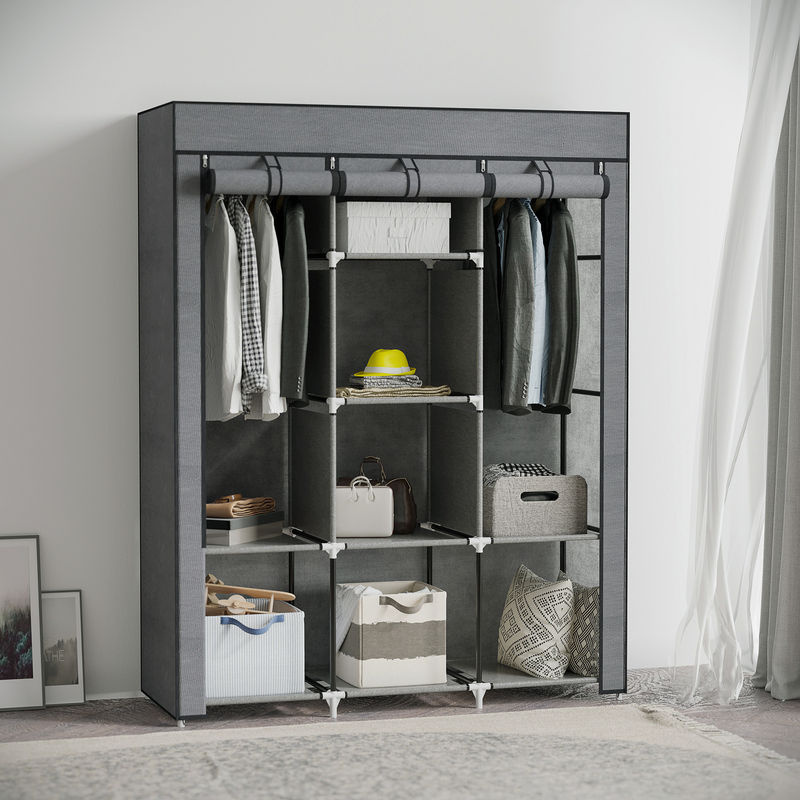 HOMCOM Stoffschrank mit 8 Ebenen und Kleiderstangen, faltbare Garderobe aus Vliesstoff und Stahlrahmen, Grau, B/T/H: 125 x 43 x 162,5 cm - Bild 2