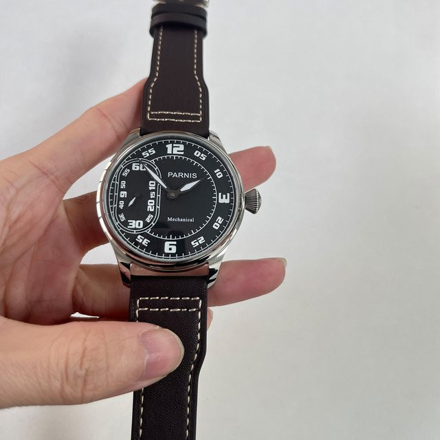 Parnis Armbanduhr, Handaufzug, schwarzes Zifferblatt, Edelstahl, Leder, 44 mm, Herren - Bild 1