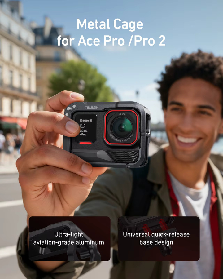 TELESIN Aluminium Schutzhülle mit Cage Set und Dual Cold Shoe Adapter für Insta360 Acepro und Acepro2 in Schwarz - Bild 2