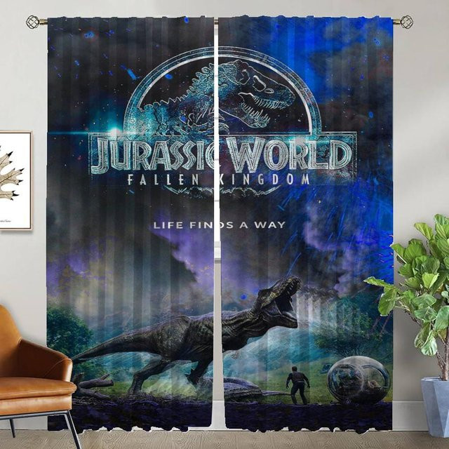 2er-Set Jurassic Park Küchenvorhänge, halbtransparent mit Grafikdesign, Mehrfarbig, Breite: 50 cm, Höhe: 70 cm - Bild 1