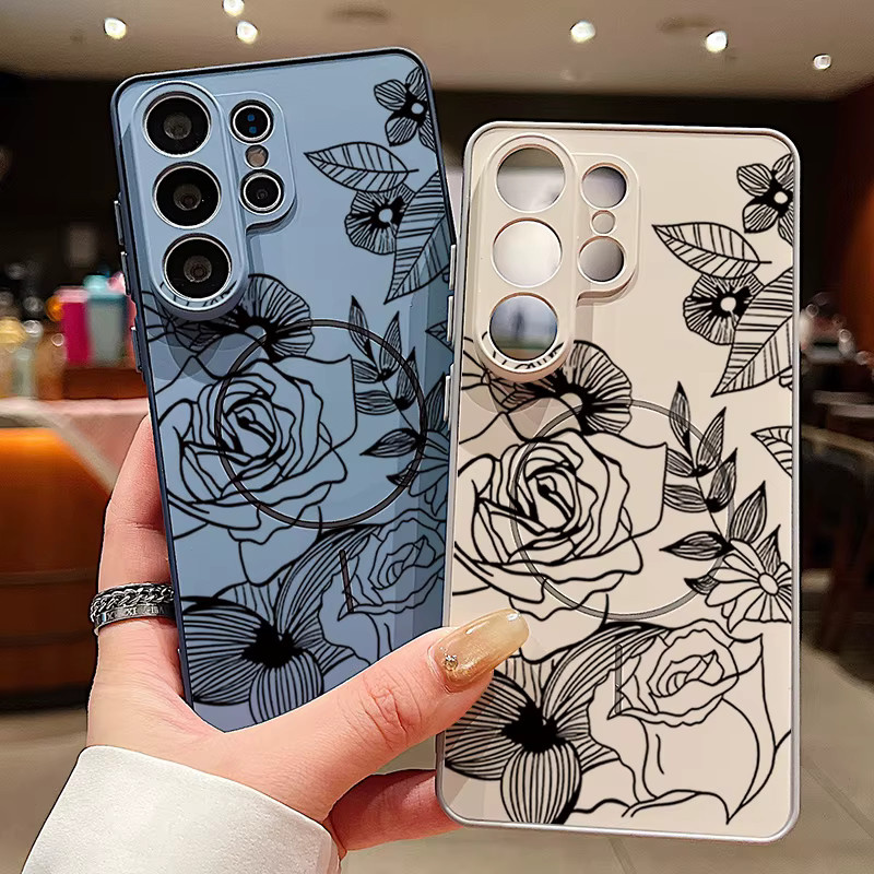 Magnetische Handyhülle mit schwarzem Blumenmuster für Samsung Galaxy S25 S26 Ultra Edge S24 S23 FE A17 A56 A37 A16 A55 A15 A36 A55 Cover in Schwarz und Grau - Bild 1