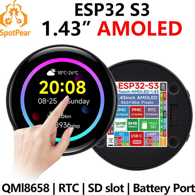 Waveshare ESP32-S3 Development Board mit 1,43 Zoll AMOLED Runddisplay in Schwarz, 466x466 Pixel, QSPI Schnittstelle - Bild 1