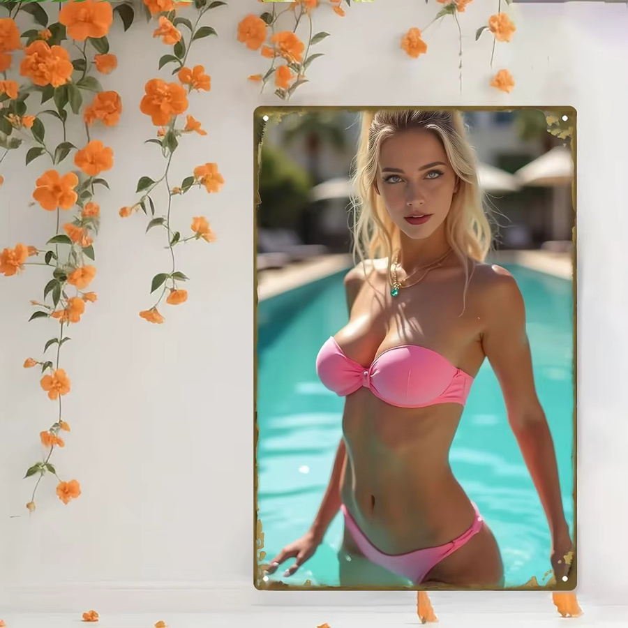 HELLOYOUNG Vintage Metallwandkunst Elegante Blondine im Rosa Bikini am Pool B/H: 20,32 x 30,48 cm - Bild 5