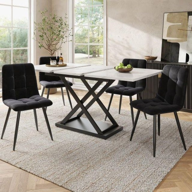 MUVOE Esszimmergarnitur 5-teilig mit weißem rechteckigem Tisch und 4 schwarzen Stühlen für 6 Personen - Bild 1