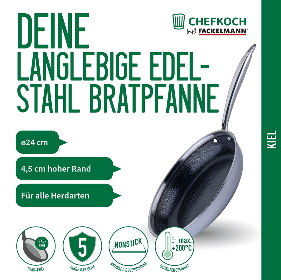 Fackelmann Bratpfanne Kiel aus Edelstahl mit Keramik-Antihaftbeschichtung, Silber, Durchmesser: 24 cm - Bild 3