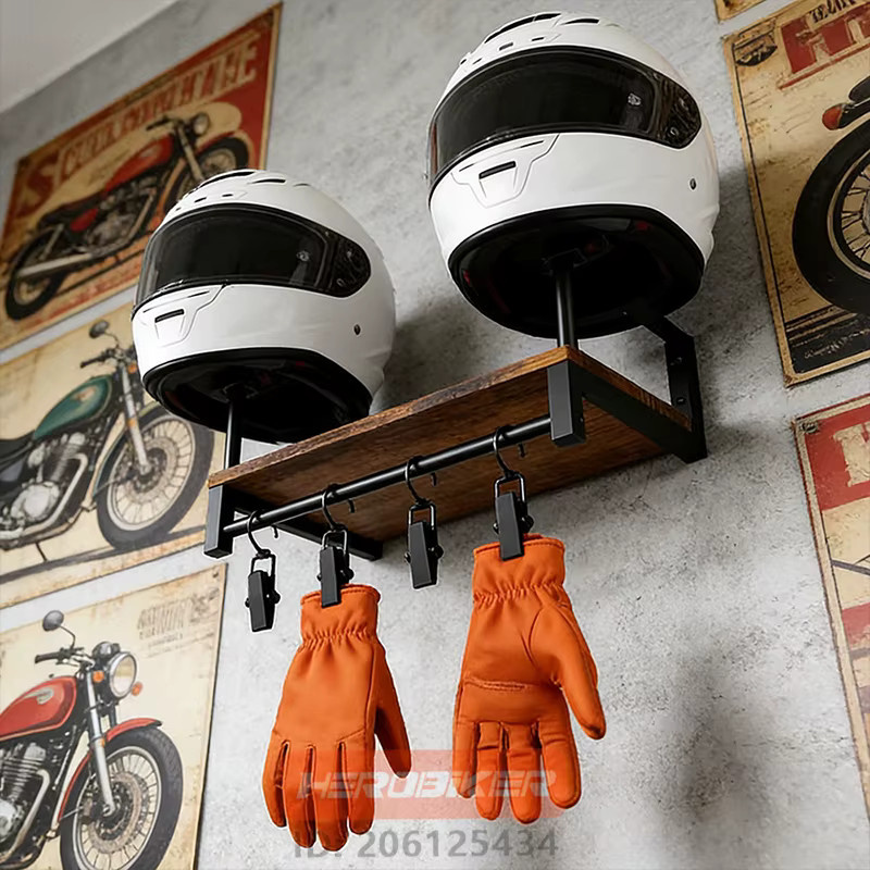 HEROBIKER Motorradhelm-Wandhalterung aus Holz mit verstellbaren Haken in Schwarz und Braun - Bild 2