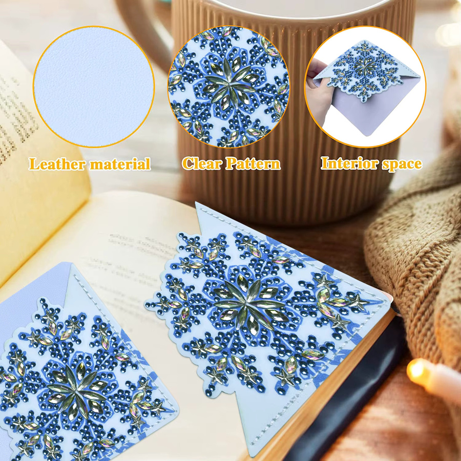 8er Set DIY Diamantmalerei Lesezeichen aus PU Leder mit Schneeflocken-Design und Kristall-Strass - Bild 4