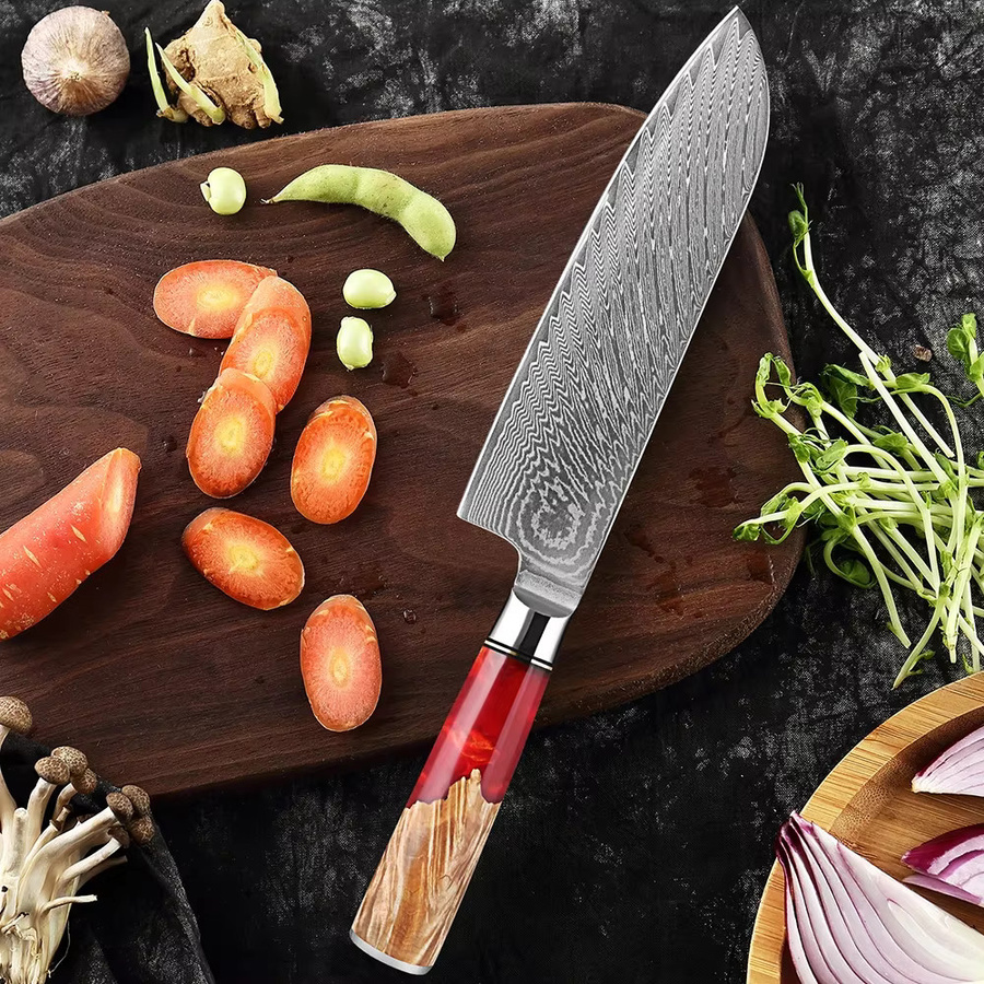 Xituo Santoku Damastmesser aus Damaststahl mit rotem Harzgriff, Länge: 17,78 cm - Bild 6