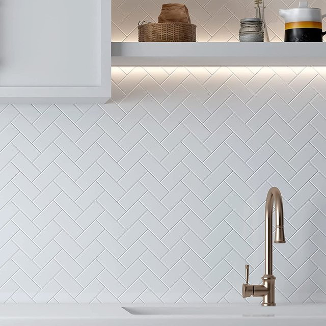 10 Stück Vividtiles 3D-Imitationsfliesen Wandaufkleber in Weiß, geometrisches Design, selbstklebend, wasserdicht und hitzebeständig - Bild 1