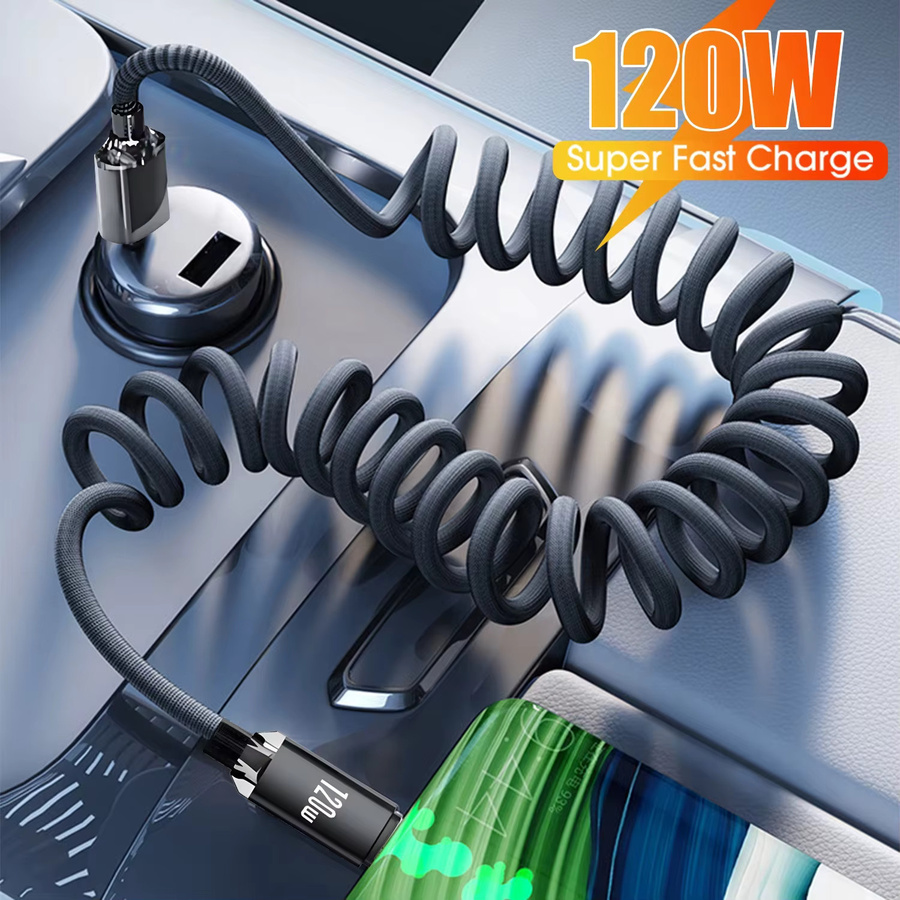 VBNM USB-C auf Typ-C Schnelllade-Spiralkabel 120W, einziehbares Kfz-Ladekabel in Schwarz für iPhone 17/16/15, Samsung und Xiaomi - Bild 2