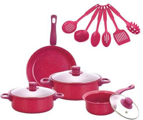 Arabella 13-teiliges Kochgeschirr-Set aus Gusseisen mit Antihaftbeschichtung in Rot und Transparent - Bild 1