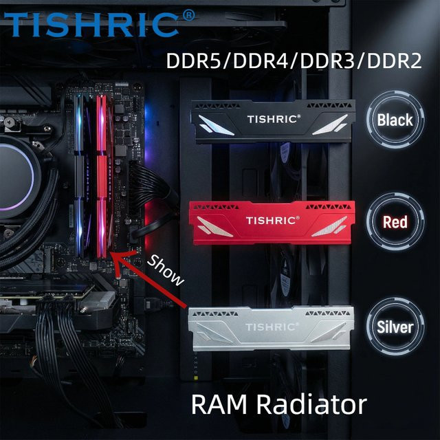 TISHRIC RAM-Kühler aus Aluminiumlegierung für DDR5 DDR4 DDR3 Desktop-Speicher, Schwarz - Bild 1