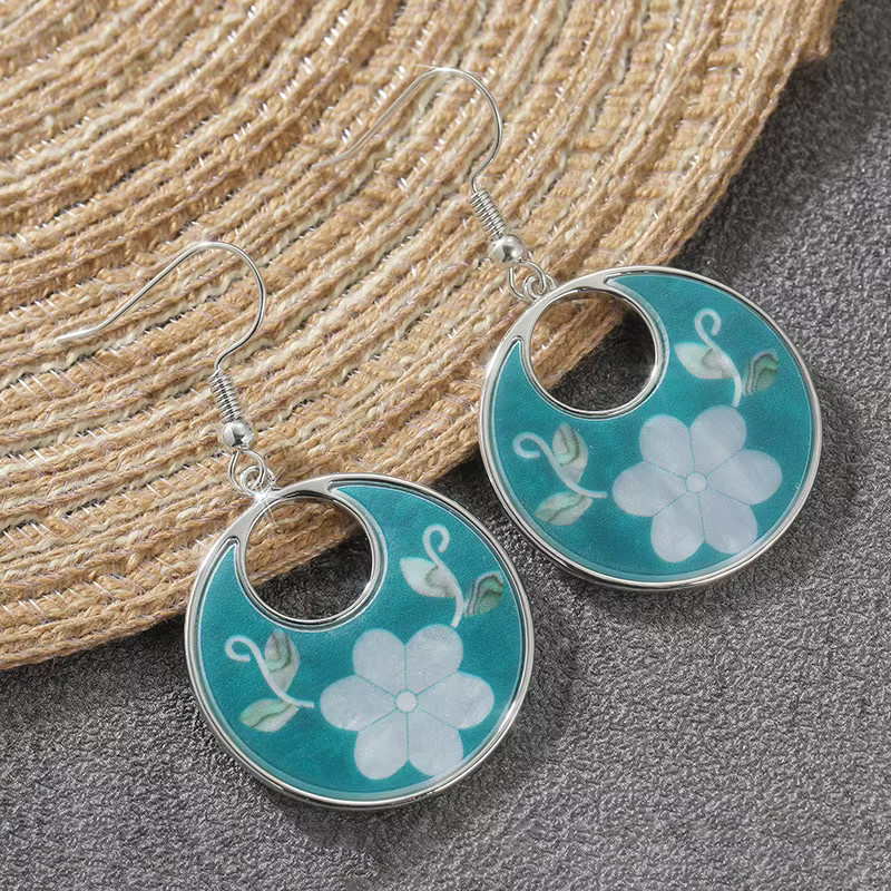 YoYo Hängeohrringe, Blau, Blumen-Blätter-Muster, Damen - Bild 3