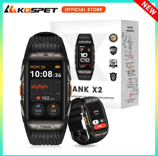 KOSPET TANK X2 Smartwatch für Herren mit 1,64 Zoll AMOLED Display, IP69K wasserdicht, Bluetooth-Anrufe und 170 Sportmodi in Schwarz oder Silber - Bild 1