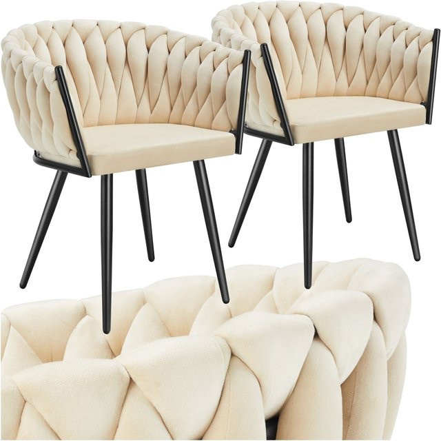 tectake Astano Set Esszimmerstühle 2er Set gepolstert mit Samtbezug und Knotendesign in Sand, B/T/H: 55 x 60 x 75 cm - Bild 1