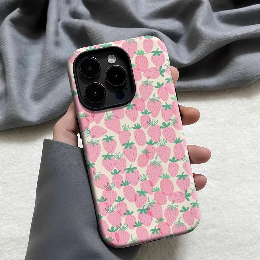 Potdemiel iPhone Case Pink Strawberry Flood Stoßfestes Double Layer Back Cover für iPhone 17 16 15 14 13 12 Pro Max Plus - Bild 2