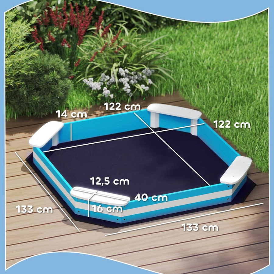 AIYAPLAY Sandkasten in Blau und Weiß aus Holz mit Polyesterabdeckung B/H/L: 133 x 16 x 133 cm - Bild 3
